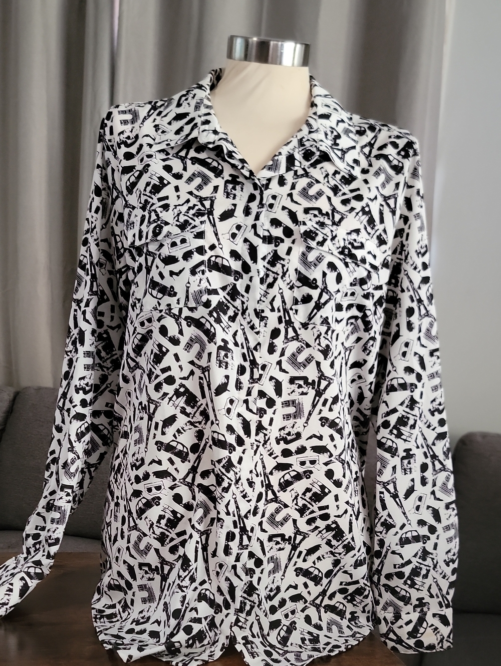 Karl Lagerfeld Black and White Printed Button-Up Blouse
